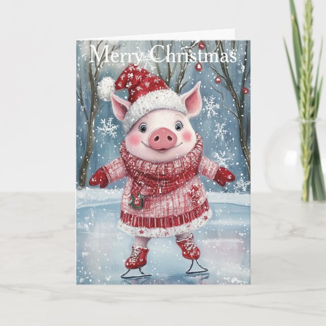 A Pig Ice Skating Holiday Card (Front)