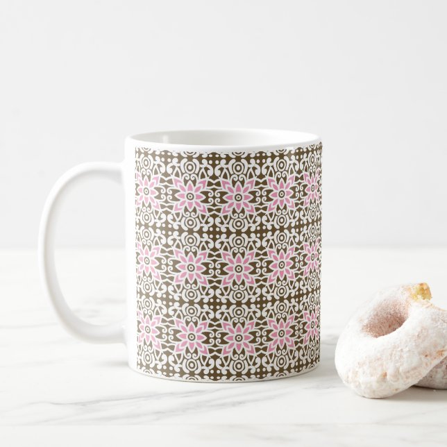 a pink and brown pattern on a white background coffee mug (With Donut)