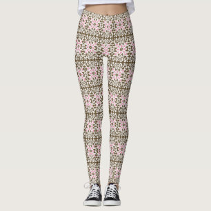 a pink and brown pattern on a white background leggings