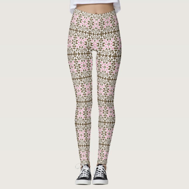 a pink and brown pattern on a white background leggings (Front)