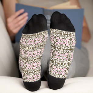 a pink and brown pattern on a white background socks