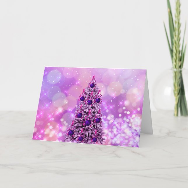 A pink and purple Christmas Tree Holiday Card (Front)
