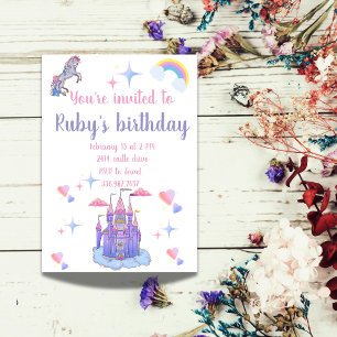 A pink and purple fairytale castle and unicorn invitation