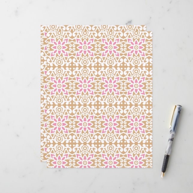a pink and white flower pattern on a brown backgro (Front/Back In Situ)