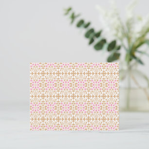 a pink and white flower pattern on a brown backgro postcard