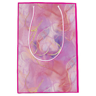A Pink and White Marble Finish with Brushed Gold  Medium Gift Bag