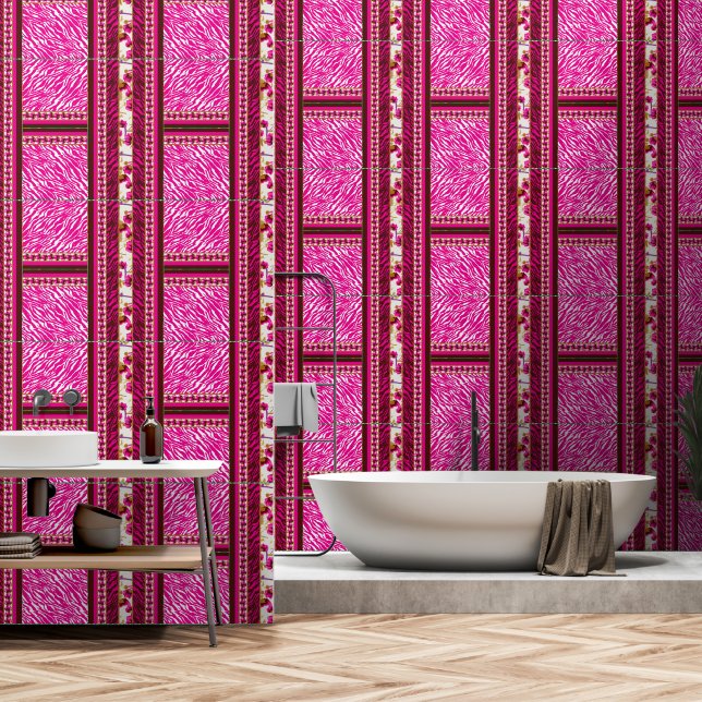 a pink and white wallpaper with a cross on it (Bathroom)