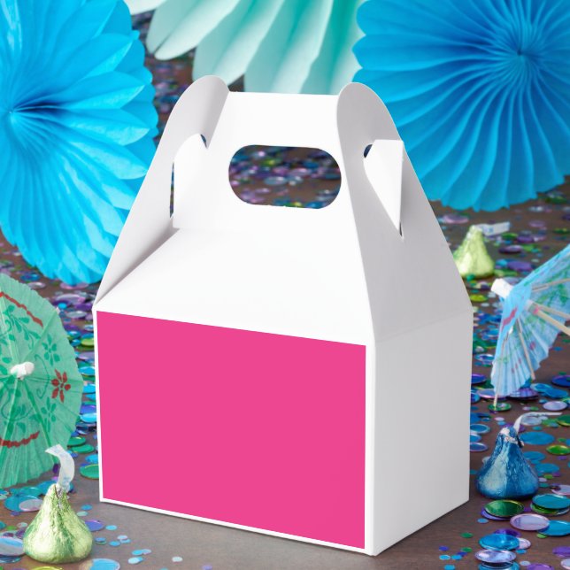 a pink background with a black border favour box (Party)