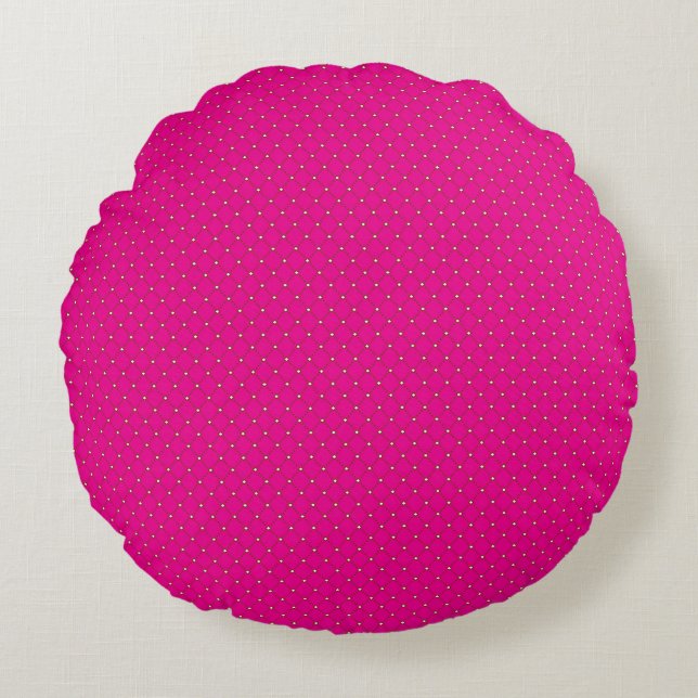 a pink background with white polka dots round cushion (Front)