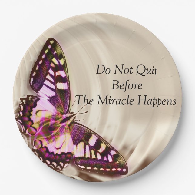 A pink butterfly on a cream satin background paper plate (Front)