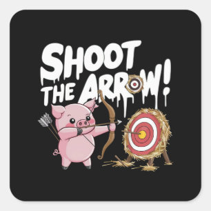 A pink piglet aiming a bow an arrow square sticker