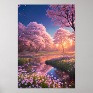 A Pink Sunset's Embrace of a Charming River Poster