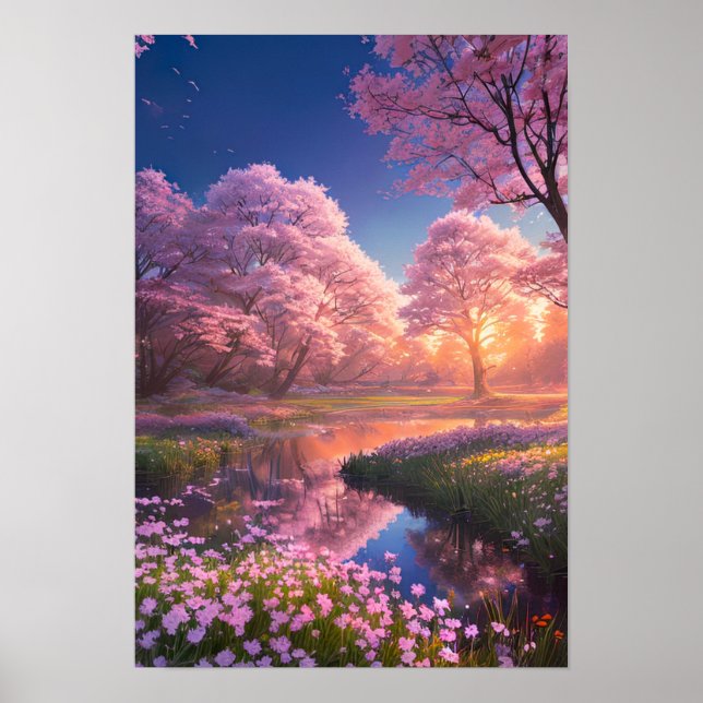 A Pink Sunset's Embrace of a Charming River Poster (Front)
