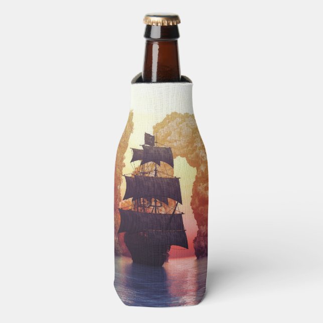 A pirate ship off an island at a sunset bottle cooler (Bottle Front)
