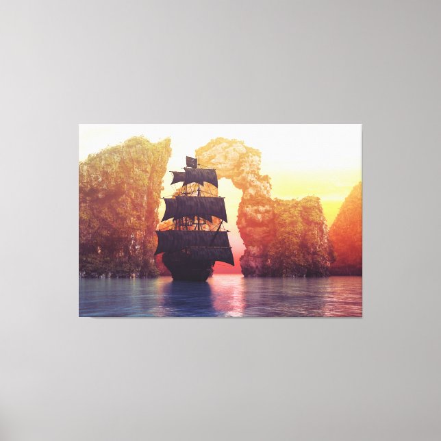 A pirate ship off an island at a sunset canvas print (Front)