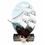 A Pirate Ship Standing Photo Sculpture<br><div class="desc">Digital artwork of a pirate ship in a white oval border,  with a pirate skull and two treasure chests.</div>