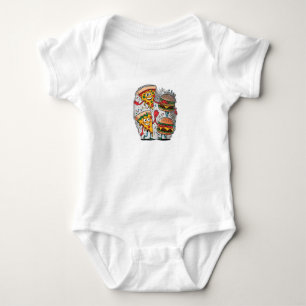 A pizza slice high-fiving a burger. baby bodysuit