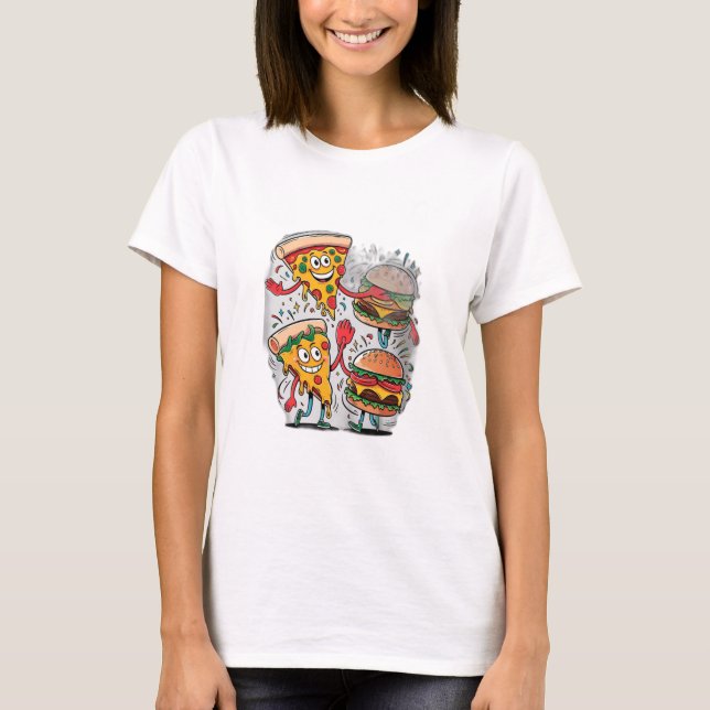 A pizza slice high-fiving a burger. T-Shirt (Front)