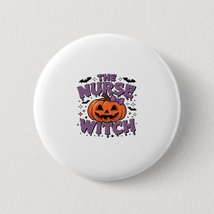 A playful design featuring a pumpkin witch with a  6 cm round badge