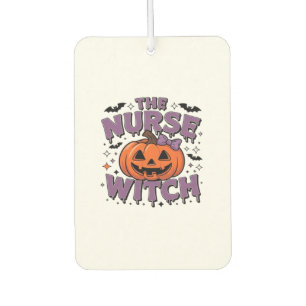 A playful design featuring a pumpkin witch with a  car air freshener