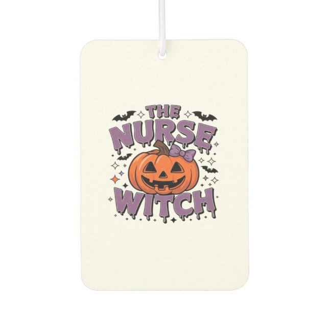 A playful design featuring a pumpkin witch with a  car air freshener (Front)