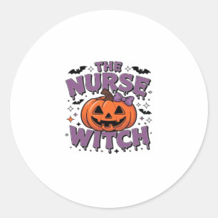A playful design featuring a pumpkin witch with a  classic round sticker
