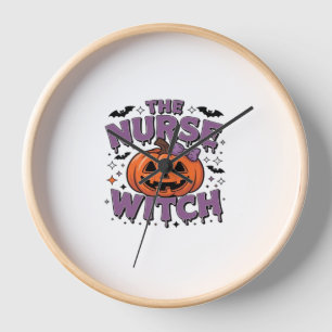 A playful design featuring a pumpkin witch with a clock