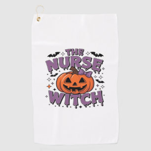 A playful design featuring a pumpkin witch with a  golf towel