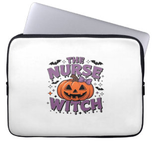 A playful design featuring a pumpkin witch with a laptop sleeve
