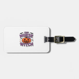 A playful design featuring a pumpkin witch with a  luggage tag
