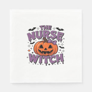 A playful design featuring a pumpkin witch with a napkin