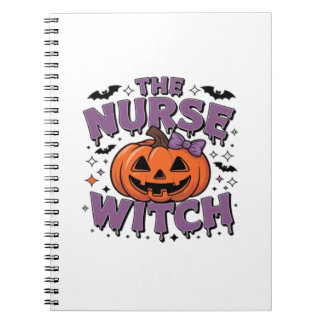 A playful design featuring a pumpkin witch with a  notebook