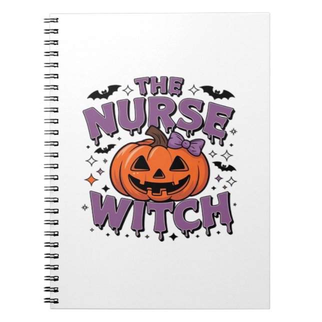 A playful design featuring a pumpkin witch with a  notebook (Front)