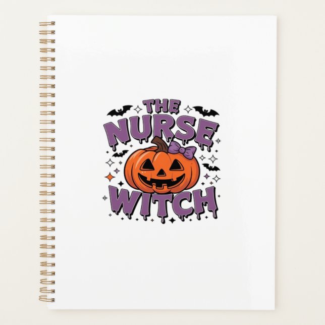 A playful design featuring a pumpkin witch with a  planner (Front)