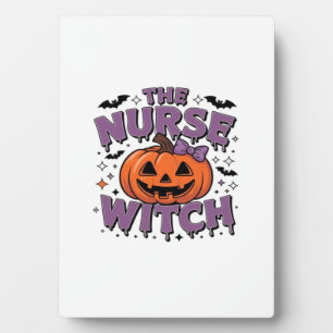 A playful design featuring a pumpkin witch with a  plaque