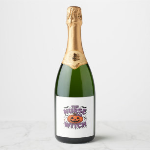 A playful design featuring a pumpkin witch with a  sparkling wine label