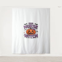 A playful design featuring a pumpkin witch with a 