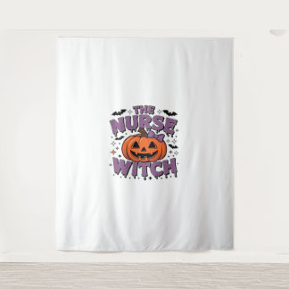 A playful design featuring a pumpkin witch with a  tapestry