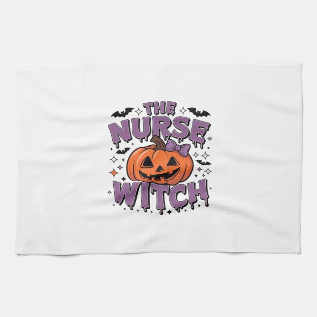 A playful design featuring a pumpkin witch with a  tea towel (Horizontal)