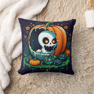 A playful ghost emerges from a Halloween pumpkin Cushion