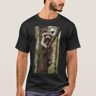 A playful racoon climbing up a tree in a forest T-Shirt