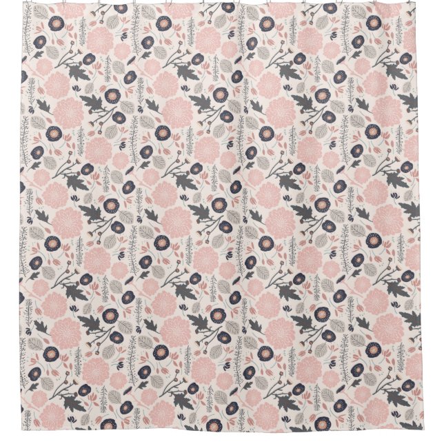 A Playful Tossed Floral Pattern Grey Pink Black Shower Curtain (Front)