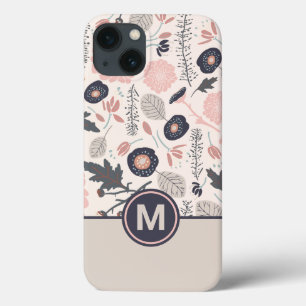 A Playful Tossed Floral Pattern Grey Pink Monogram iPhone 13 Case