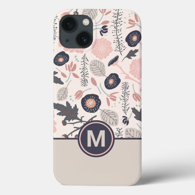 A Playful Tossed Floral Pattern Grey Pink Monogram Case-Mate iPhone Case (Back)