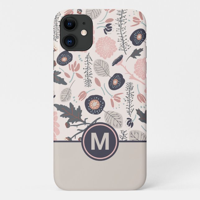 A Playful Tossed Floral Pattern Grey Pink Monogram Case-Mate iPhone Case (Back)