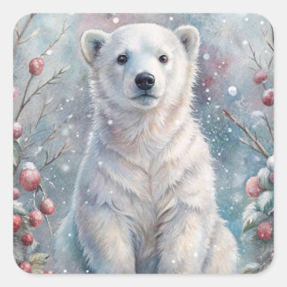 A Polar Bear Cub in Winter Square Sticker