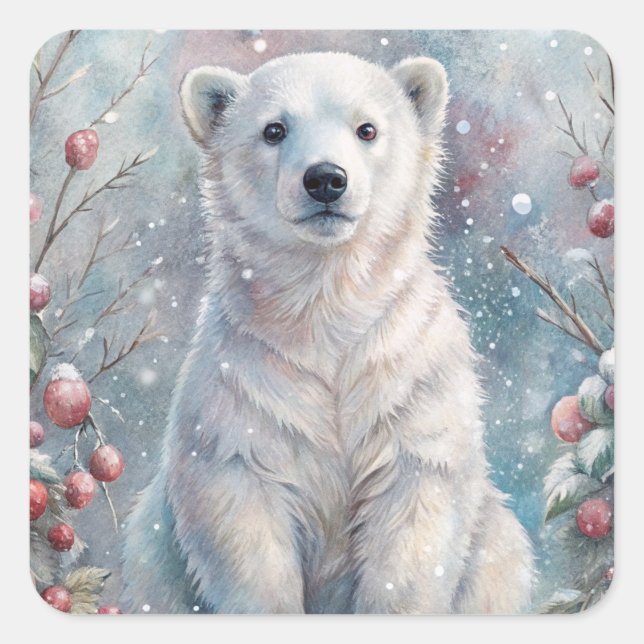 A Polar Bear Cub in Winter Square Sticker (Front)