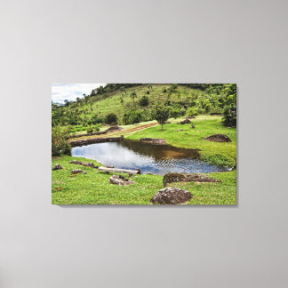 A Pond With Small Wooden Bench Canvas Print