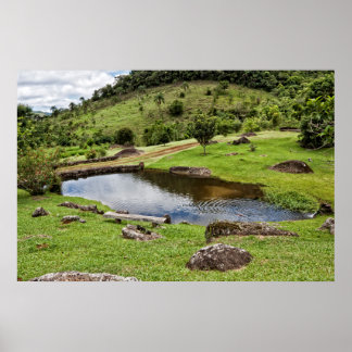 A Pond With Small Wooden Bench Poster