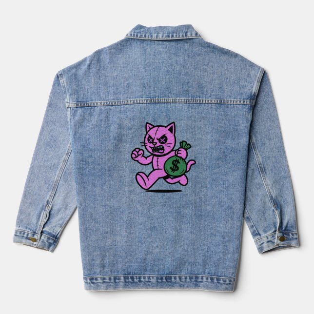 A POP CAT THIEF Hoodie Denim Jacket  (Back)